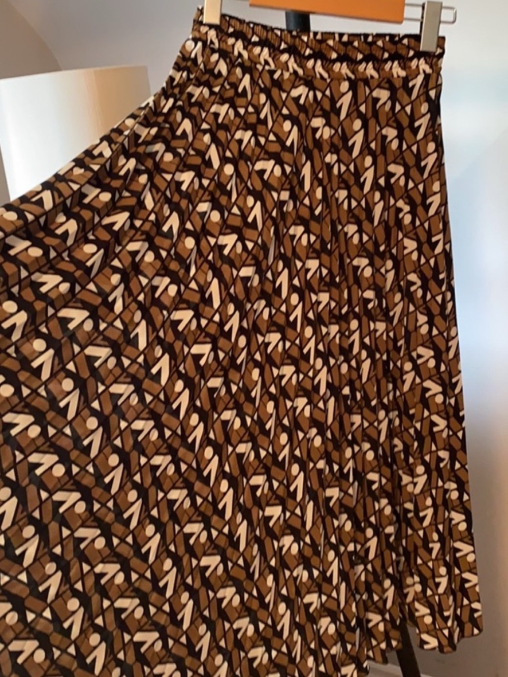 Zara Brown and Cream Pleated Geometric Midi Skirt